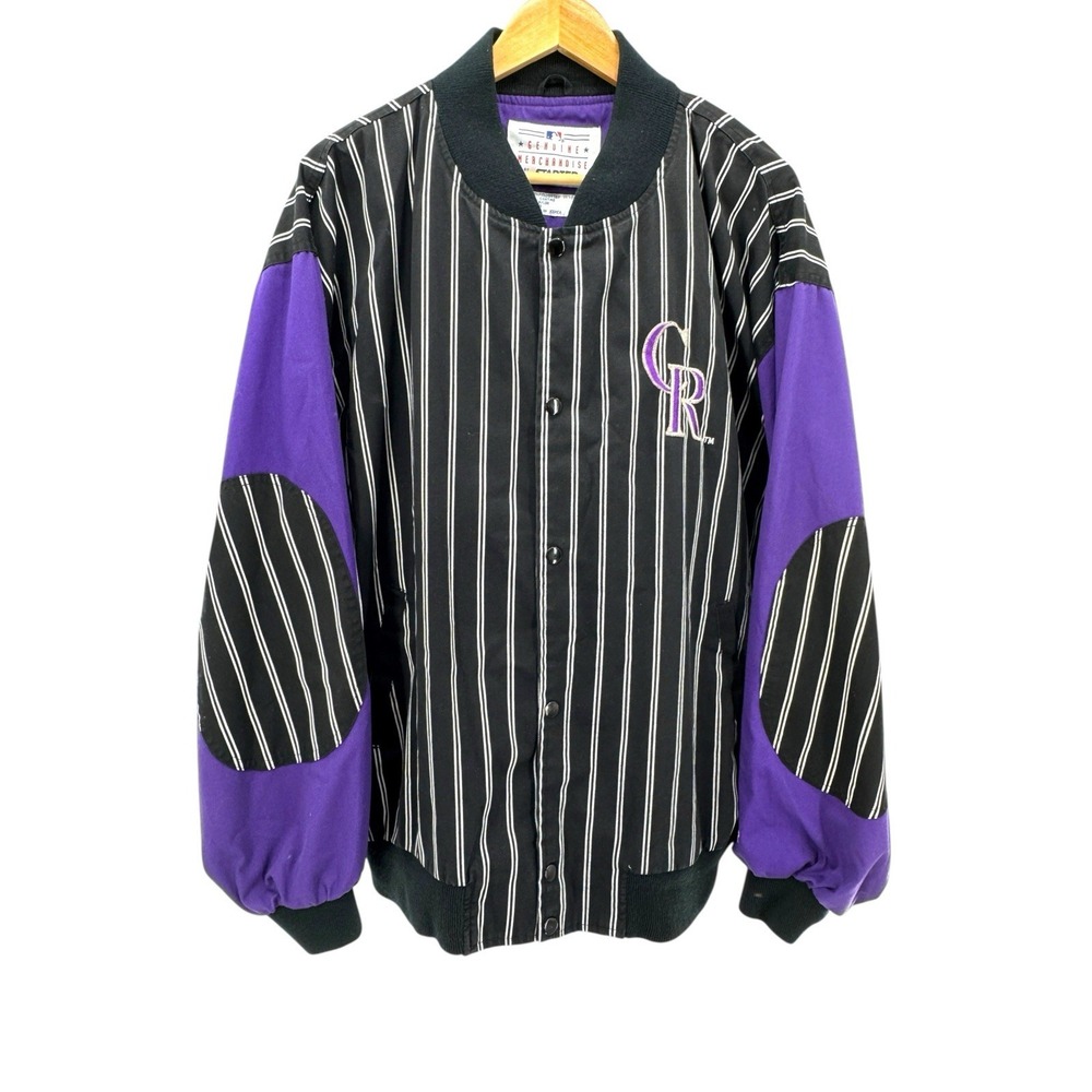 Vintage Colorado Rockies Starter Jacket XL Black Purple Pinstripe‎ MLB Basebal